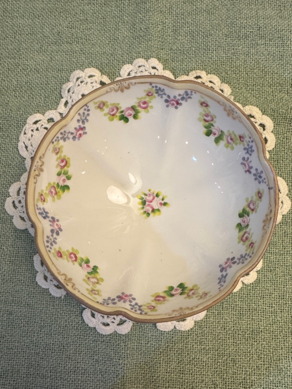 Vintage Nippon Porcelain Footed White Bowl with Pink, Green & gold-like accents
